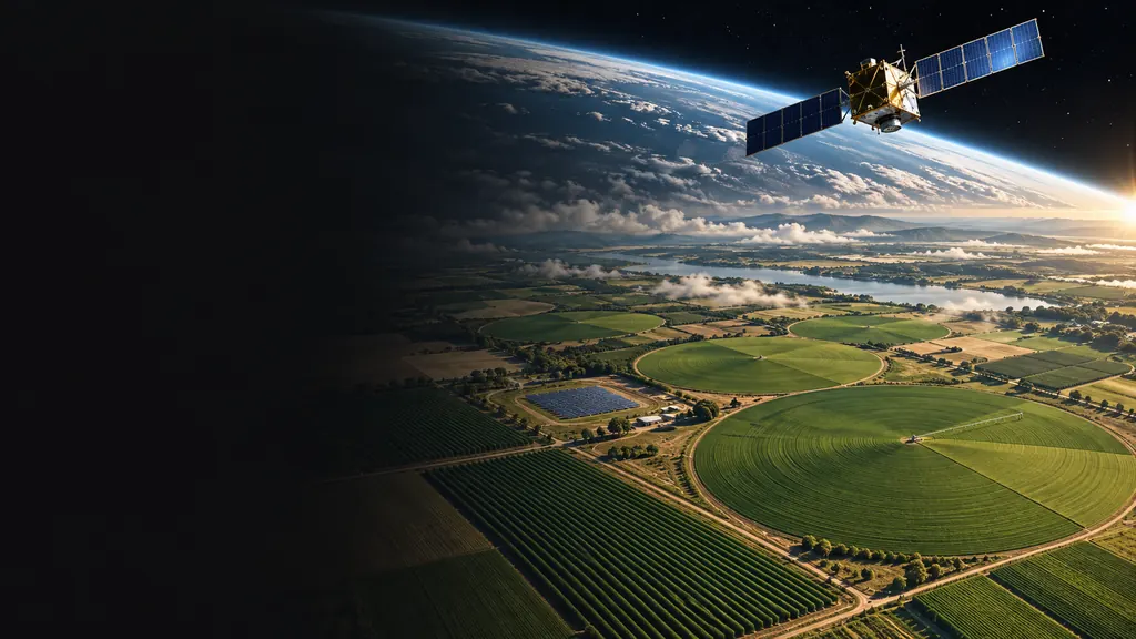 Conceptual composition connecting a satellite, irrigated cropland and solar energy